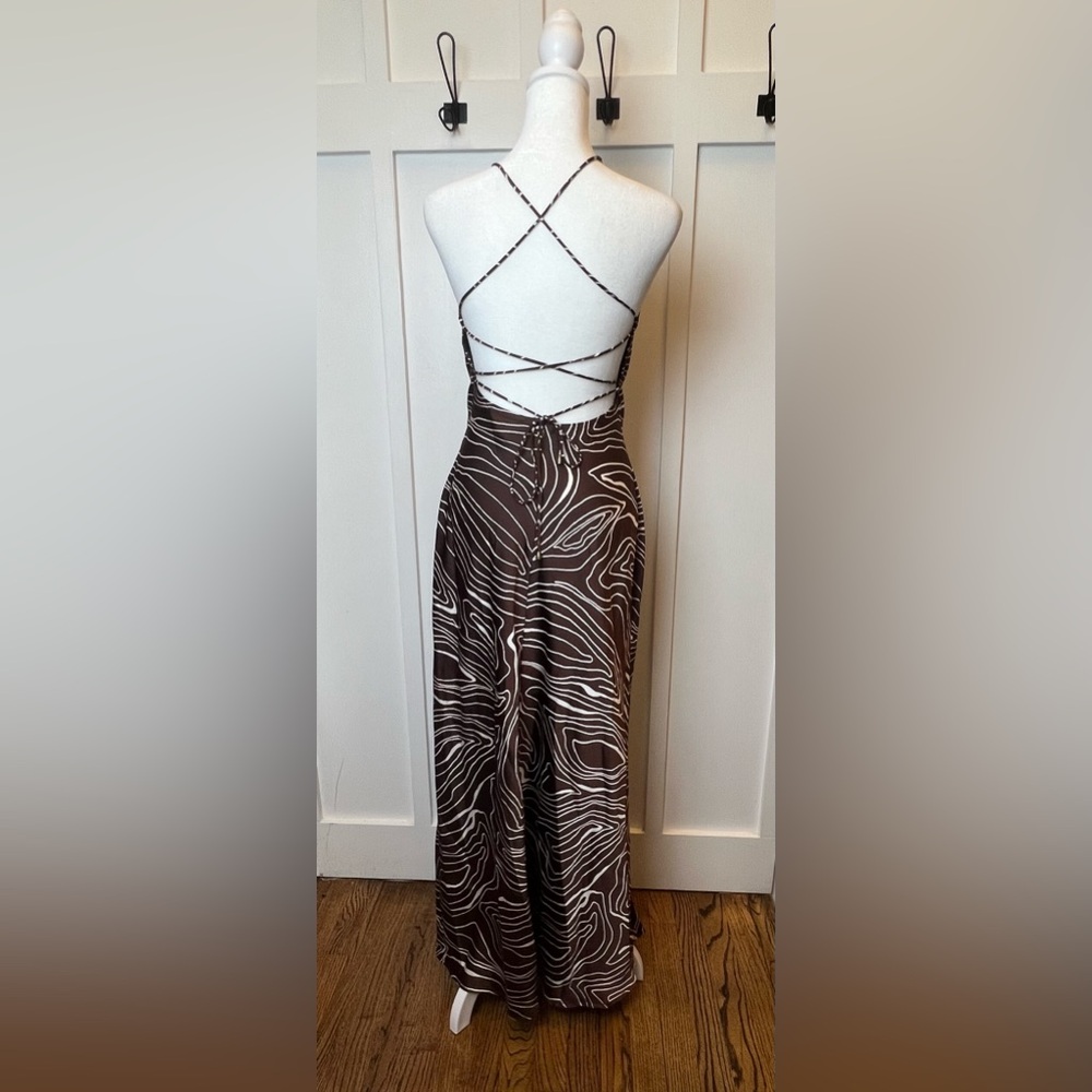 Here Come Sun Halter Lace Up Maxi Dress Small Brown Swirl Summer Resort Vacation - Picture 6 of 11